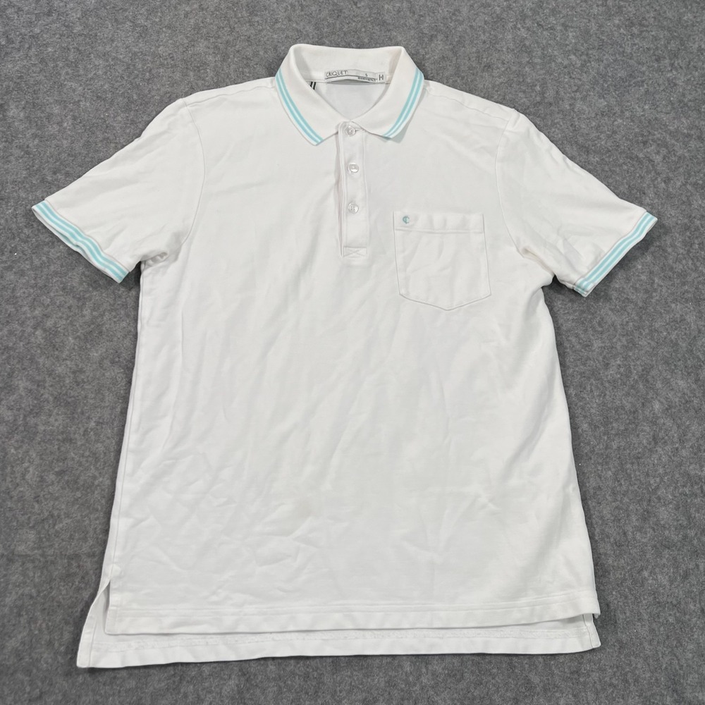 Criquet White Aqua‎ Blue Trim Short Sleeve Collared Polo Shirt Men's Size Small